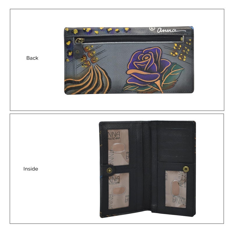 Anna by Anuschka Womens Handpainted Leather Ladies Wallet Snap Button Closure, Rose Safari Grey,One Size - Image 2